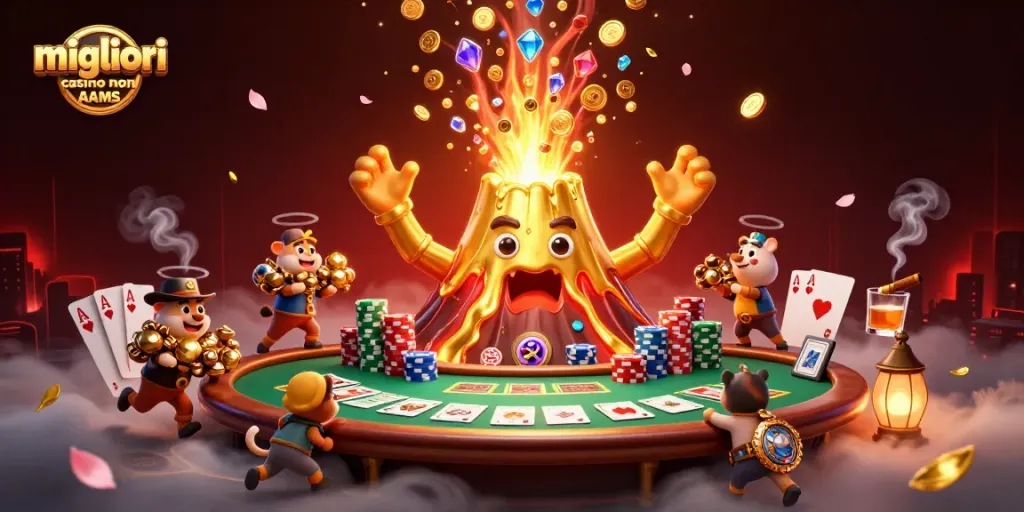 Visualizza i migliori casino non AAMS con una scena ricca di dettagli, tra cui un vulcano d'oro e giochi da tavolo.
