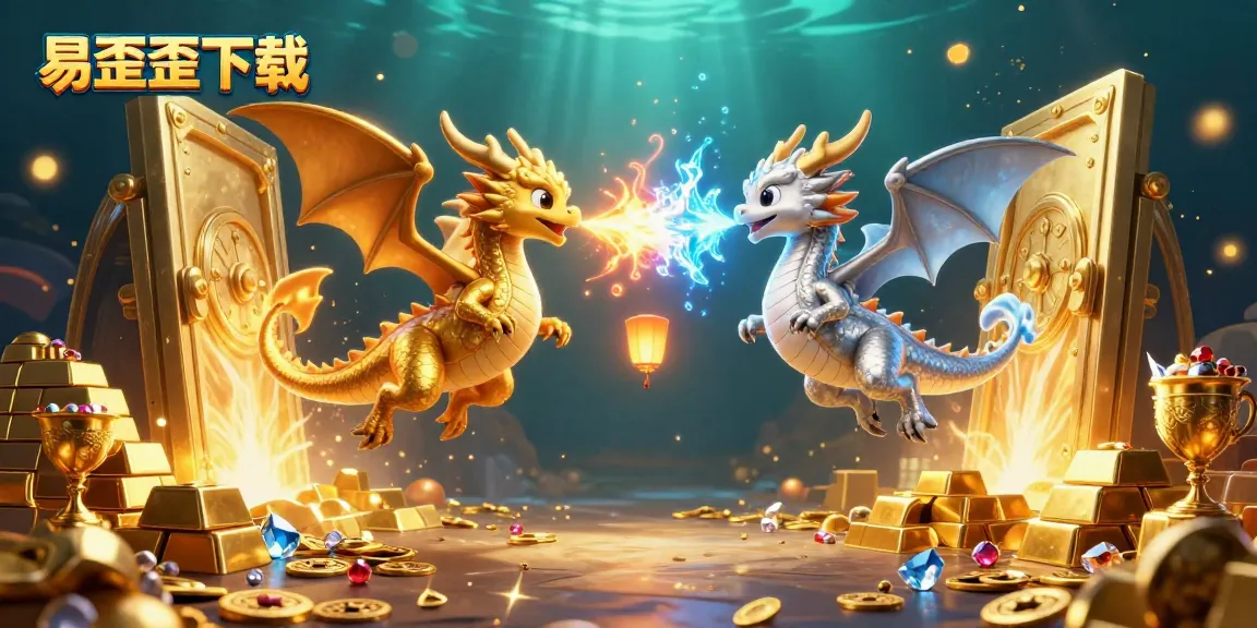Engage with the thrilling world of 易歪歪下载 through a dynamic scene of dragons battling, with treasures bursting forth.