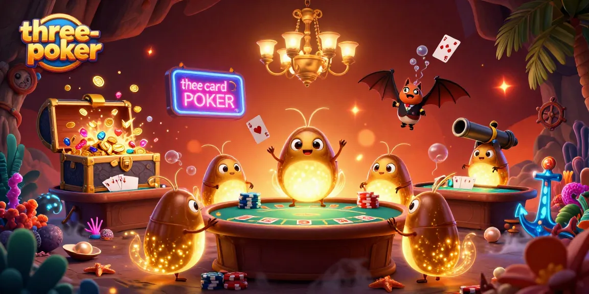 Engage in thrilling three-card-poker action under glowing cave lights with vibrant casino elements.
