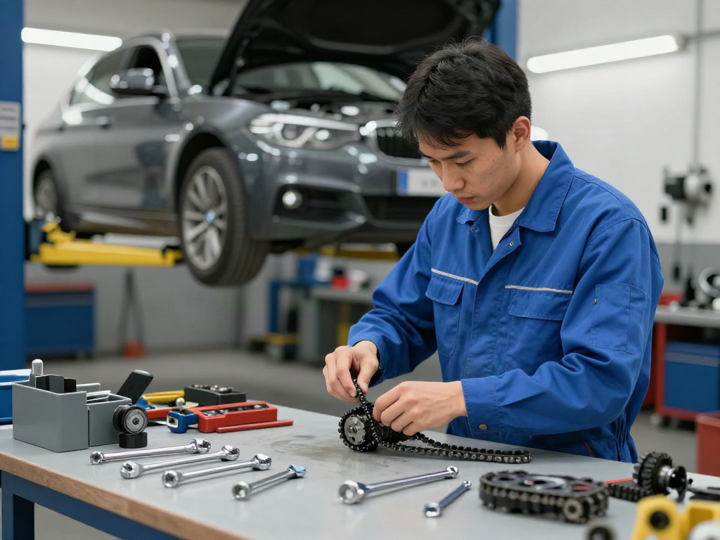 BMW Steuerkette wechseln in einer Werkstatt mit Mechaniker bei der Arbeit
