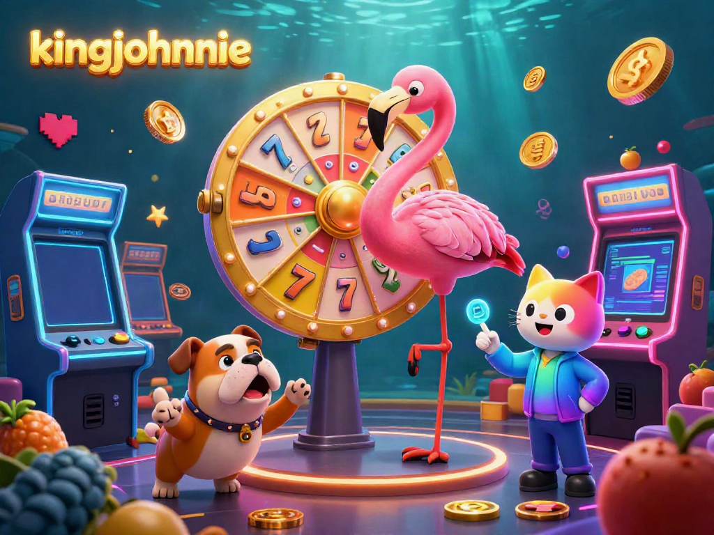 Experience excitement at kingjohnnie with a vibrant casino scene featuring spinning prize wheels and animated characters.