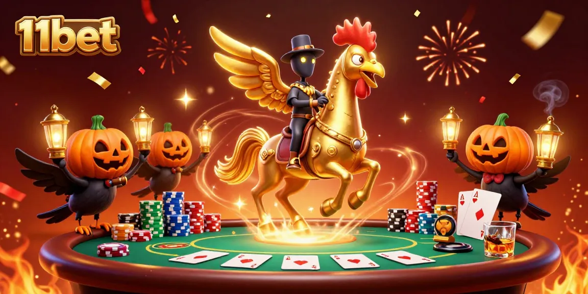 Engage in thrilling gameplay at 11bet with a vibrant casino scene featuring a golden rooster and festive elements.