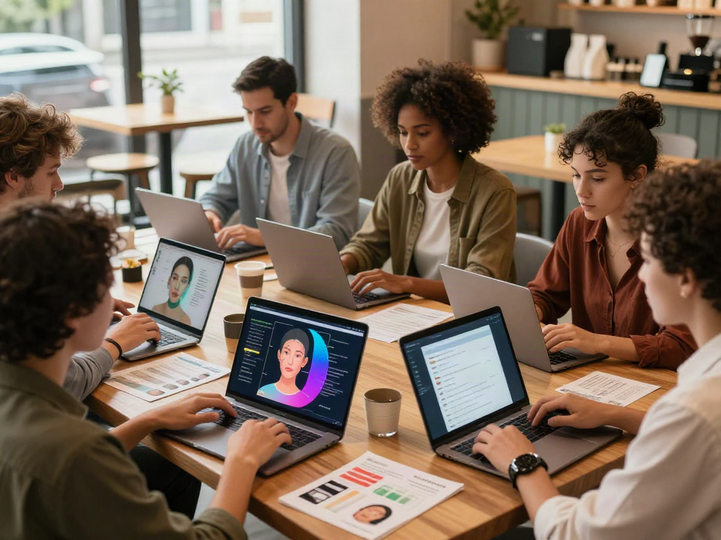 Group exploring Alternatives to QOVES with facial analysis apps in a modern café setting.