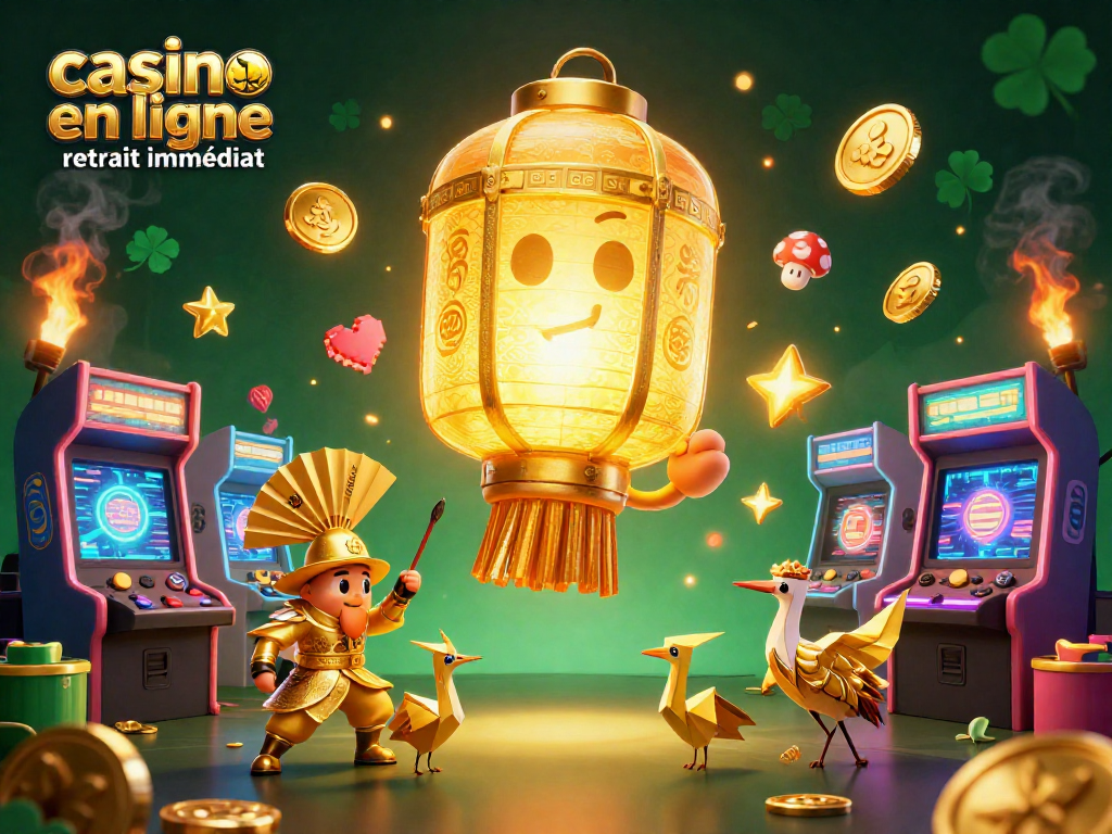 Visuel captivant d'un casino en ligne retrait immédiat avec esprit doré, machines à sous et effets lumineux.