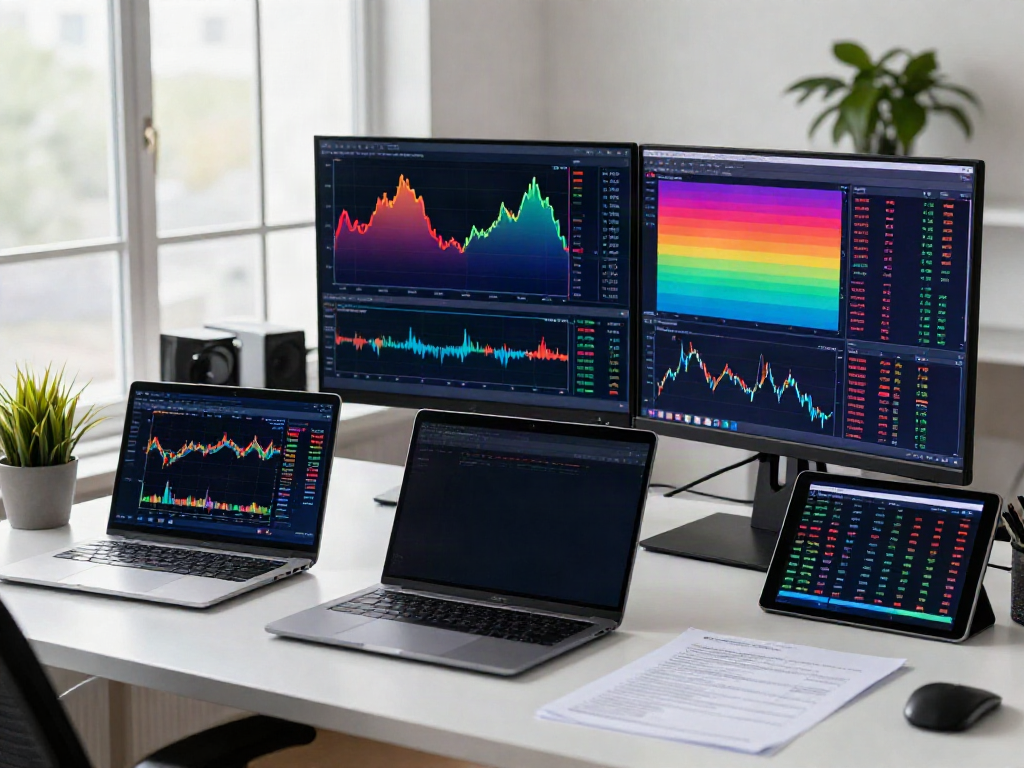 Expert trader analyzing MetaTrader 5 financial charts in a modern workspace.