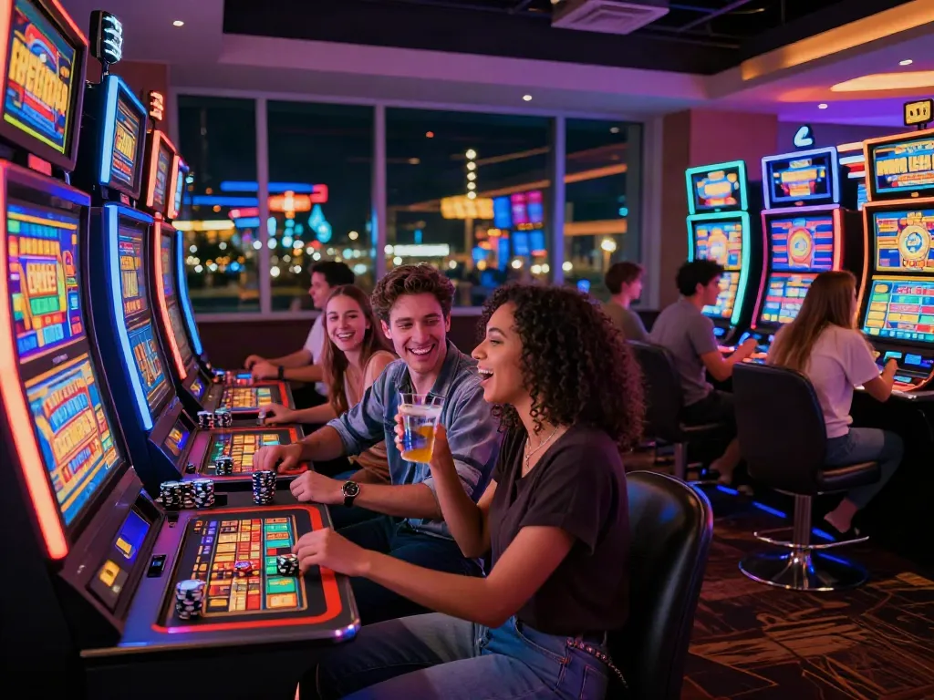 Exciting gaming experience at ahha4d casino with friends engaging in slot machines.