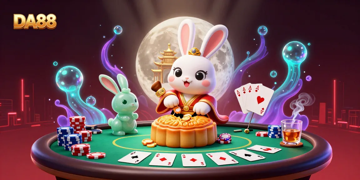 Engage with DA88's vibrant casino scene featuring a lunar rabbit, poker chips, and colorful elements.