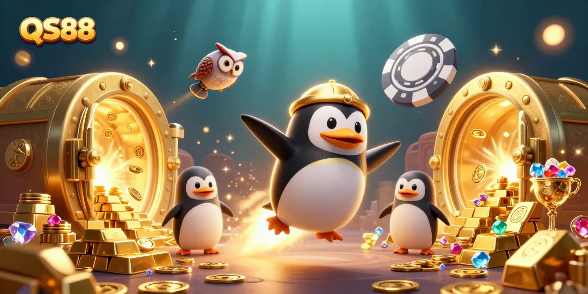Experience excitement at QS88 with a golden penguin and dazzling casino treasures