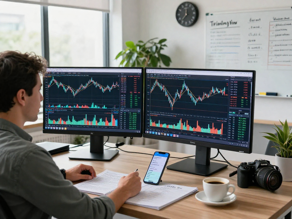 使用 TradingView官网 进行交易分析的专业交易者在现代办公室的双显示器上分析金融图表