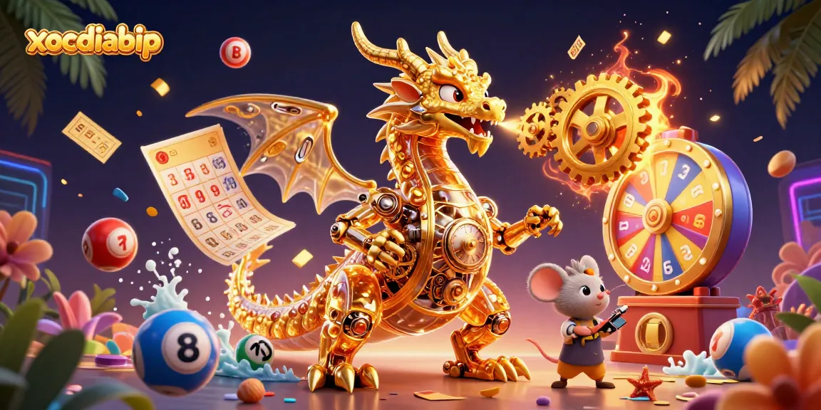 Xocdiabip showcases a golden dragon amidst lottery elements in an immersive 3D casino scene.