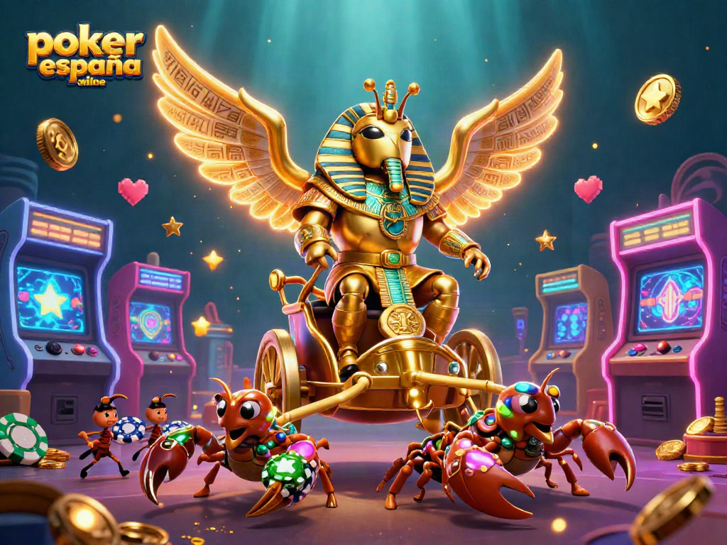 Juega al poker españa online con una escena vibrante de un escarabajo dorado y elementos de casino.