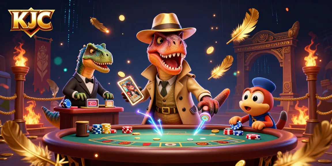KJC velociraptor card counter dodges suspicion at a blackjack table amidst swirls of gold and dynamic casino elements.