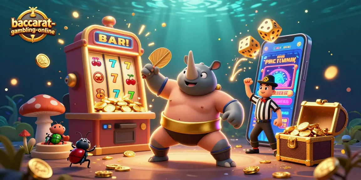 Baccarat-gambling-online showcases a thrilling casino scene with a beetle champion amidst flying coins and a jackpot slot machine explosion.