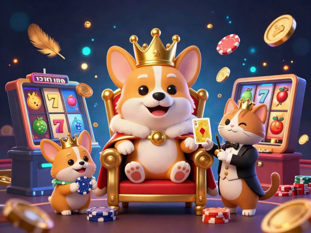 N188 brings excitement to the casino scene with a royal corgi on a poker chip throne amidst vibrant slot game elements.