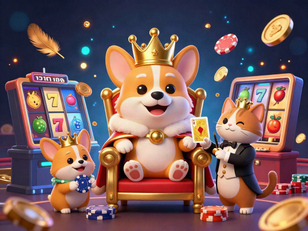 N188 brings excitement to the casino scene with a royal corgi on a poker chip throne amidst vibrant slot game elements.