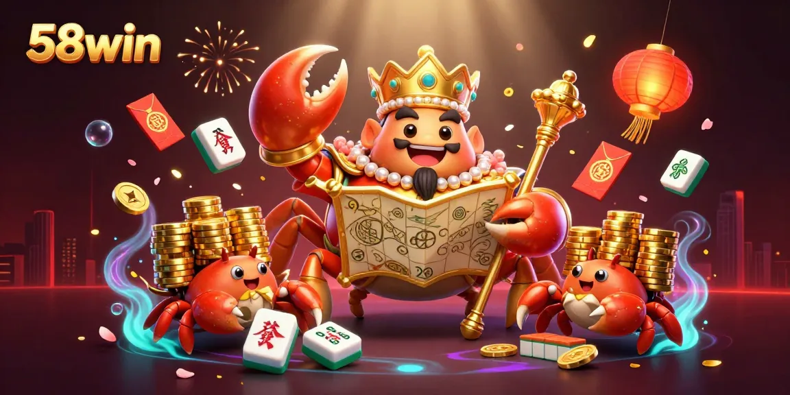 Engage in exciting gaming adventures at 58win with a vibrant illustration of a golden crab emperor ruling over treasure in a lively casino atmosphere.