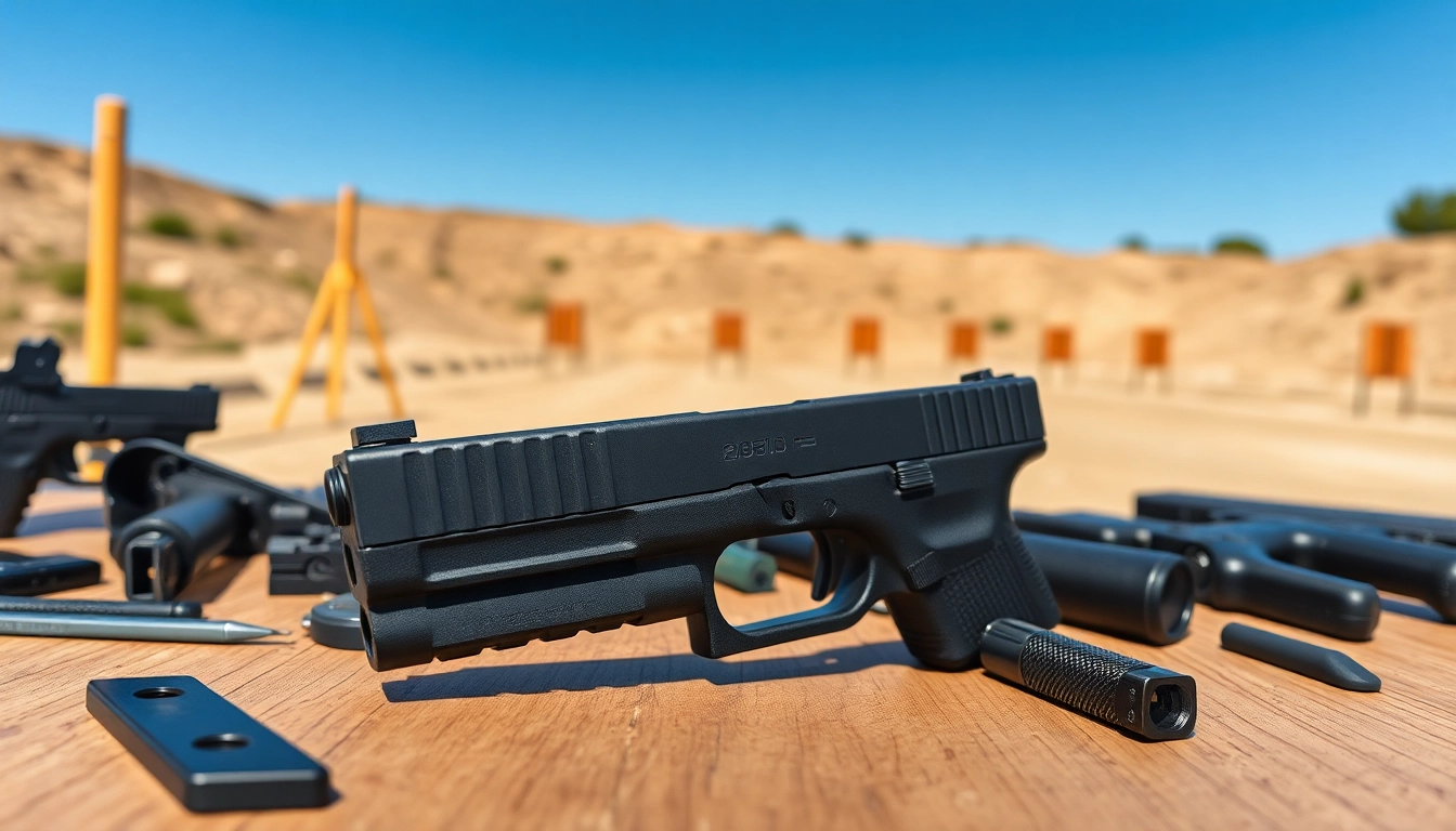 Examine the glock 19 gen 5 slide with detailed accessories against a shooting range background.