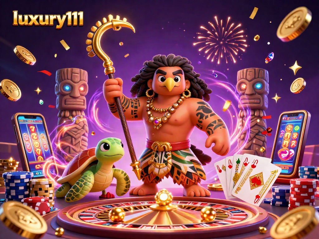 Experience the thrill of luxury111 as golden coins cascade around a demigod hawk and turtle in a vibrant casino scene.
