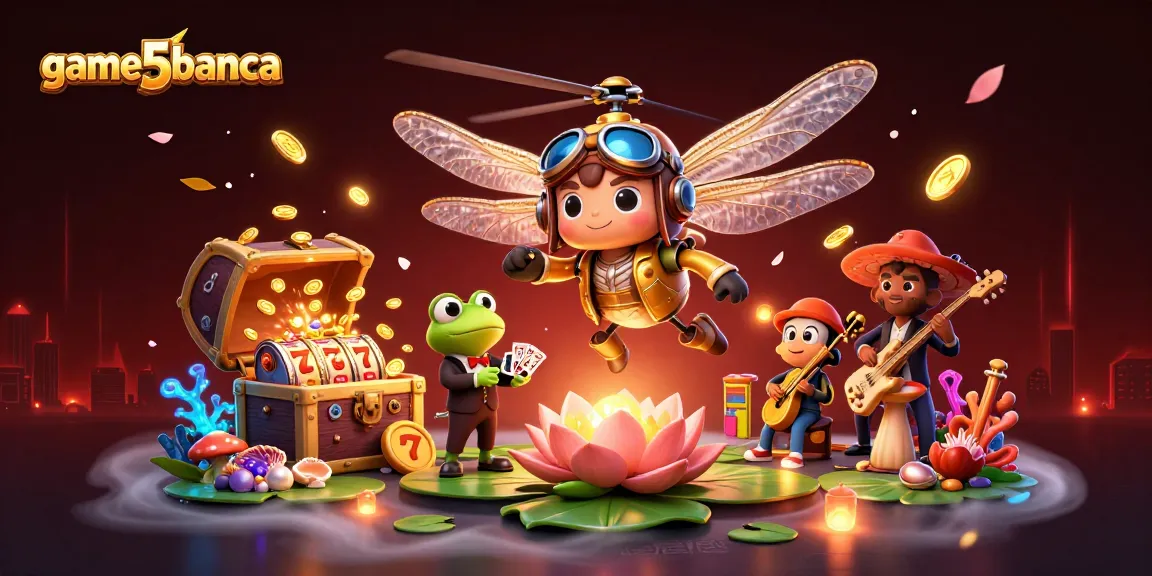 Spin and win at game5banca's vibrant lily pad casino featuring a dragonfly pilot and frog croupier.