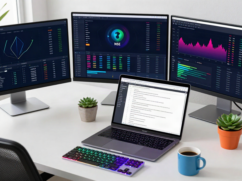NSE market data API analysis in a vibrant cryptocurrency trading workspace with multiple screens, tech devices, and trading essentials.