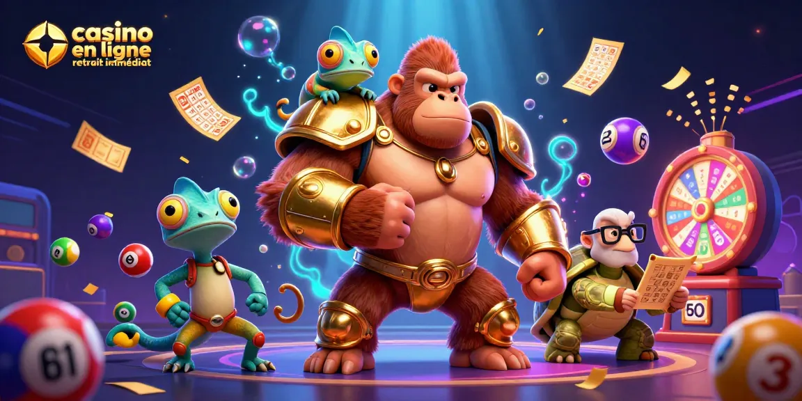 Illustration vibrante de "casino en ligne retrait immédiat" avec des personnages de casino en 3D entourés d'éléments de loterie.
