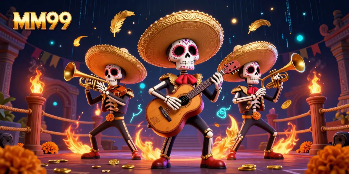 Engage in thrilling MM99 online adventures with a vibrant 3D illustration of a mariachi band.
