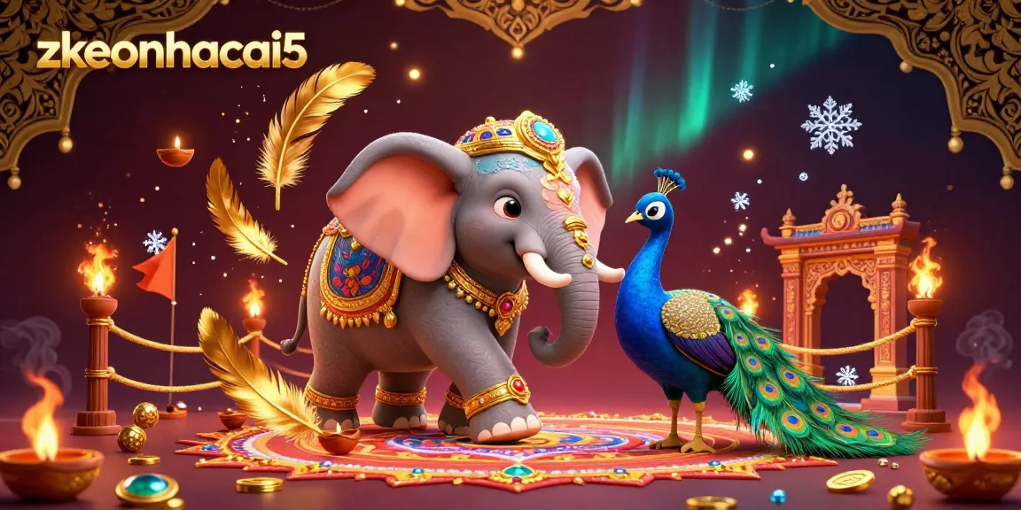 Experience gaming excitement with zkeonhacai5's vibrant 3D casino illustration featuring a festive elephant and peacock.