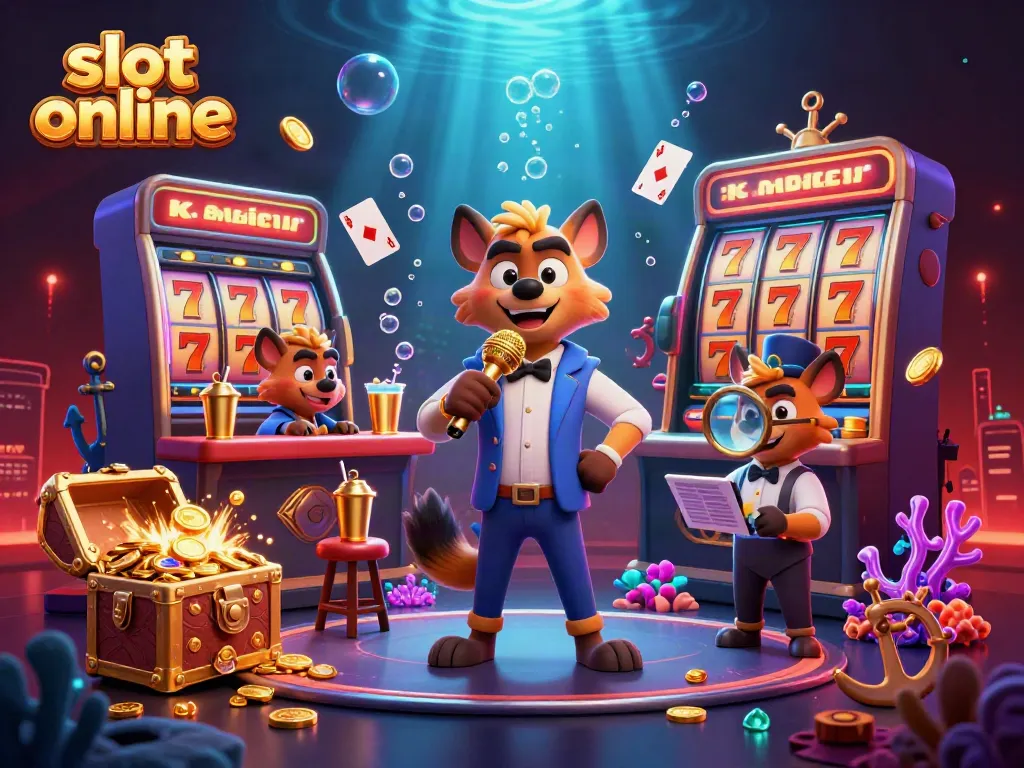 Engage in thrilling slot online adventures with a comedic hyena casino scene filled with reels and gold.