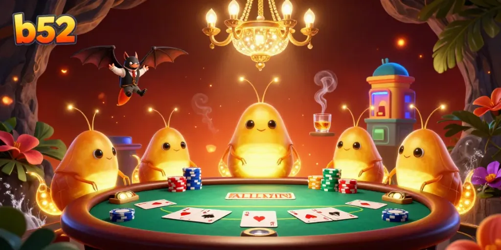 Experience the thrilling excitement of b52 with glowworms illuminating a lively poker game in a vibrant cave casino.