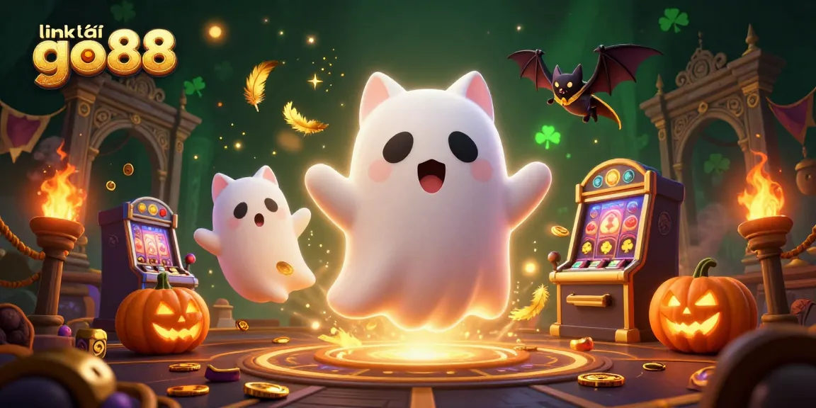 Engage with the link tải go88 featuring a ghost cat and vampire bat in a vibrant casino setting.