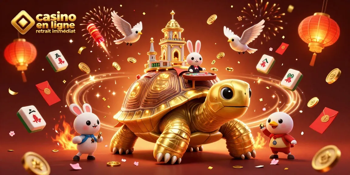 casino en ligne retrait immédiat avec tortue dorée, croupier, et décor festif illustrant une expérience dynamique