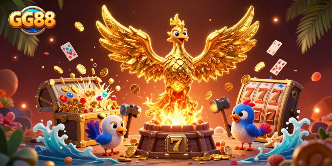 Engage with GG88's dynamic gaming experience featuring a golden phoenix, coins, and slot reels.