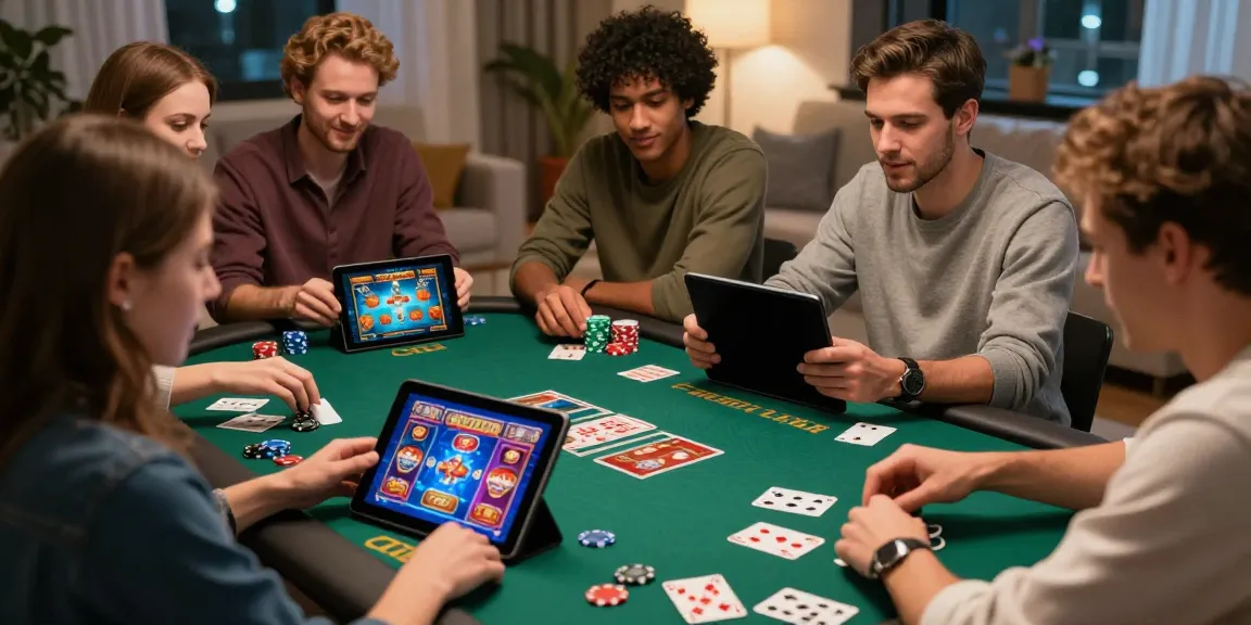 Friends playing casino games not on GamStop in a cozy setting with vibrant decor.