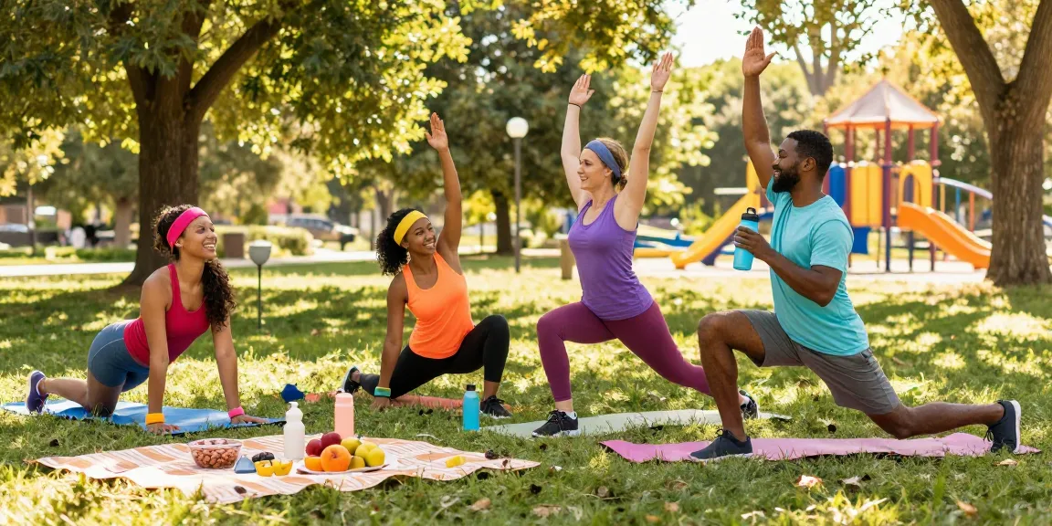 Friends practicing health tips outdoors in a lively park setting.