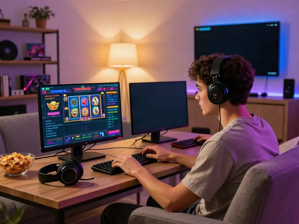 Engaging gaming scene featuring สล็อตเว็บตรง slot interface with a player focused on laptop screen.