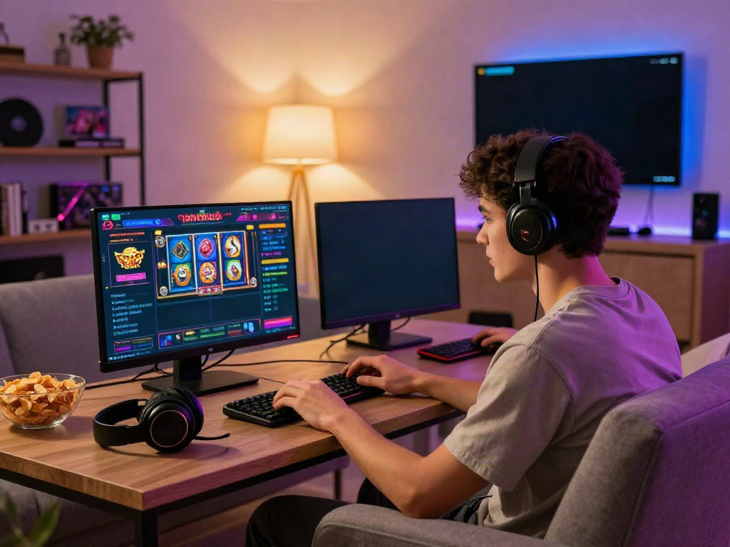 Engaging gaming scene featuring สล็อตเว็บตรง slot interface with a player focused on laptop screen.