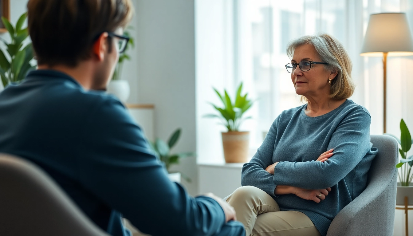 Engaged therapist and patient discussing Mental Health Care in a cozy, professional setting