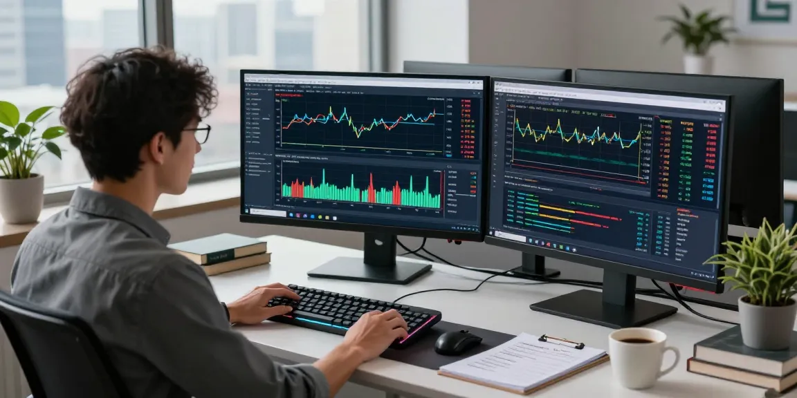 Trader analyzing markets on mt5 platform in a modern workspace