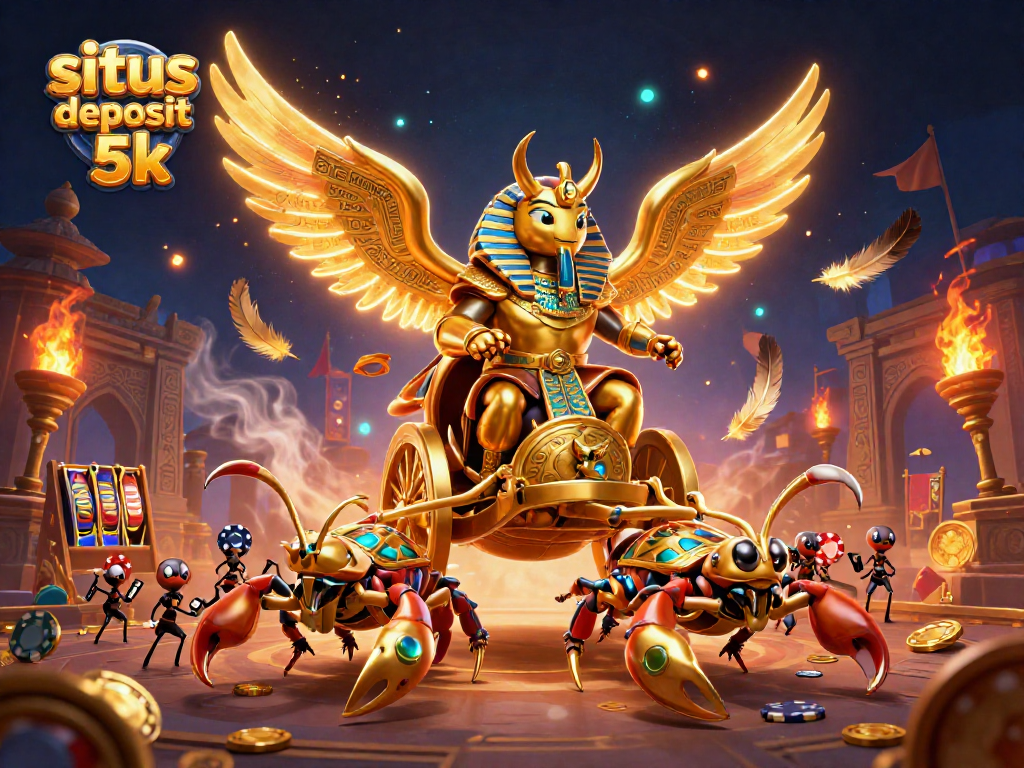 Situs deposit 5k showcases an epic casino scene with a colossal scarab beetle and vibrant slot elements.