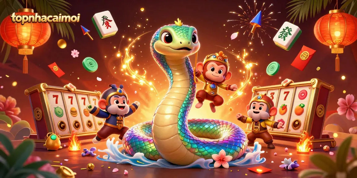 Engage with topnhacaimoi in a vibrant 3D casino scene featuring a colorful serpent and monkey king.