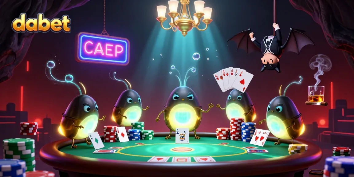Dabet illuminates a vibrant cave casino scene with dynamic characters and rich poker elements.