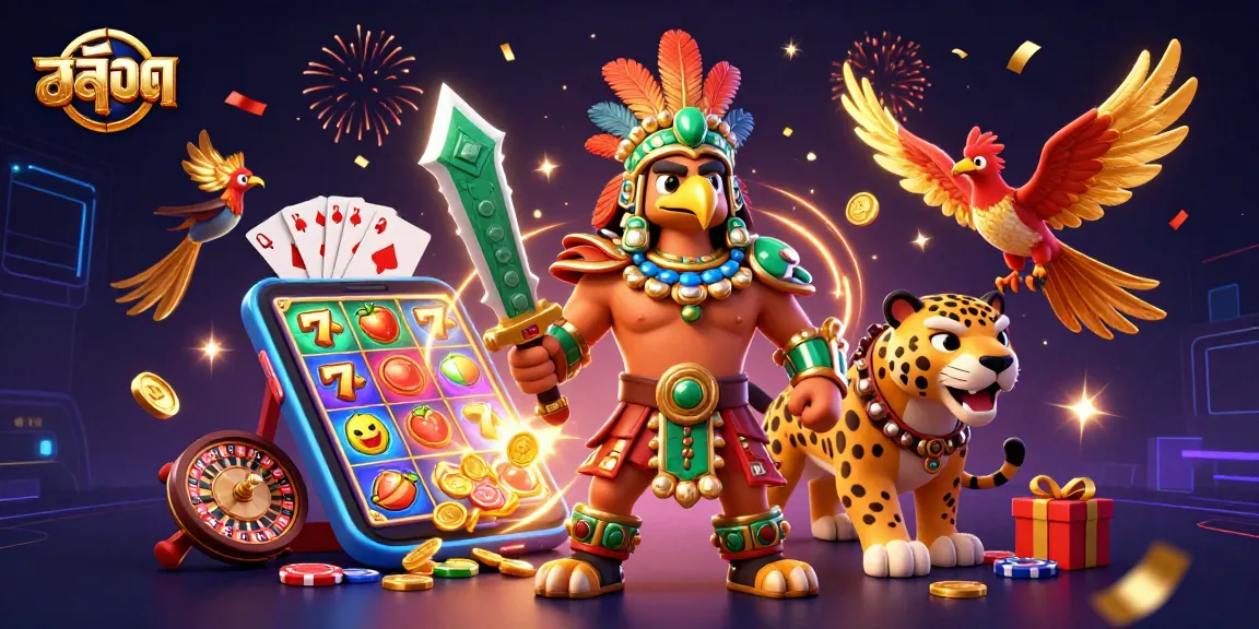 Spin vibrant สล็อต reels with an Aztec warrior amidst golden coins and gaming fun.