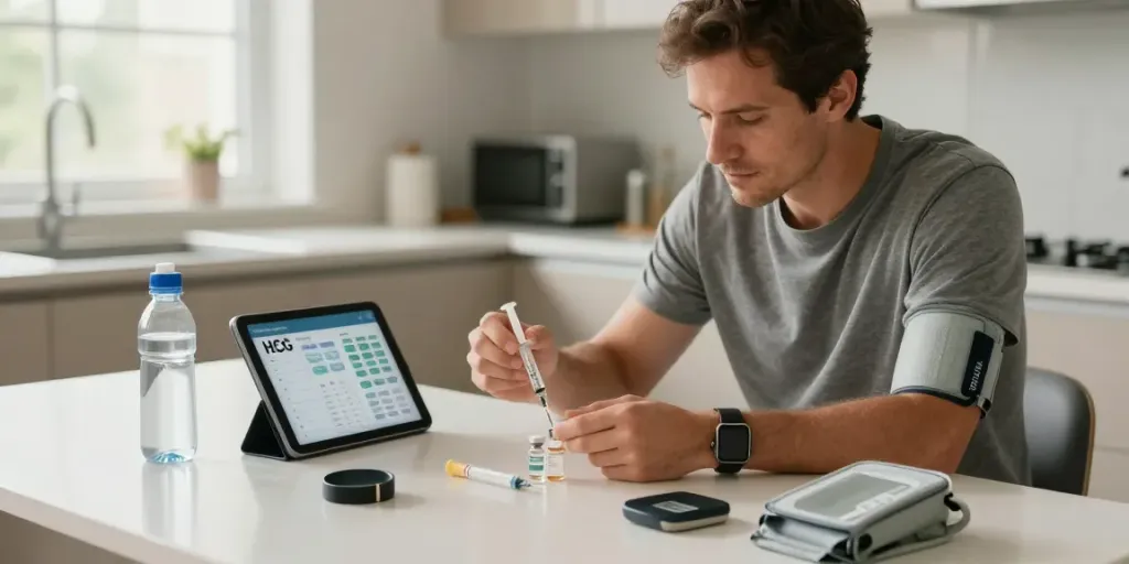HCG dosage calculator used by a man managing testosterone therapy in a modern kitchen.