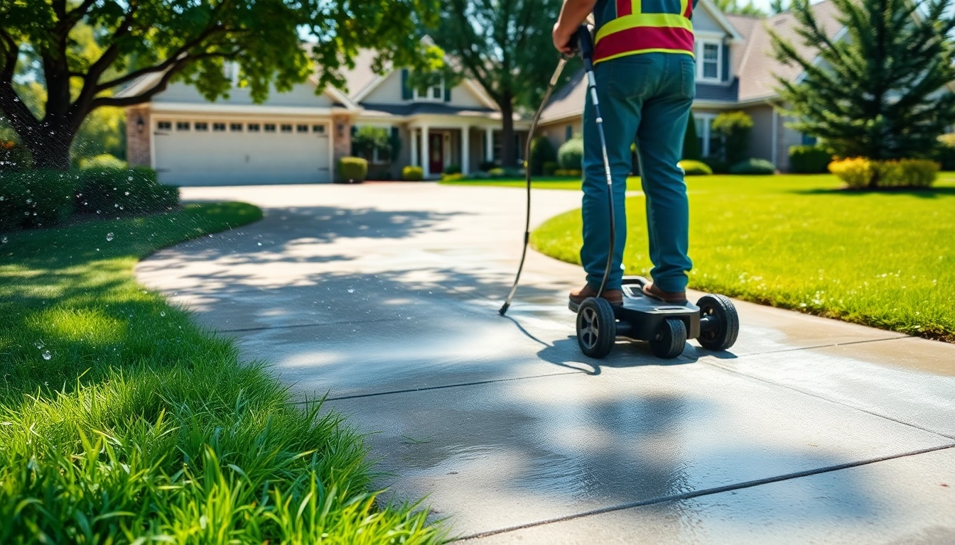 Driveway cleaning service revitalizing a concrete driveway with professional equipment and bright lighting.