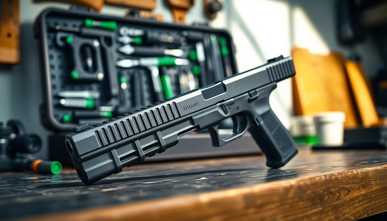 Custom glock 43x slide displayed on a workbench with tools