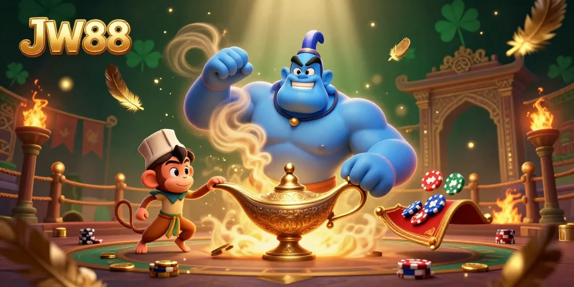 JW88 Casino scene with a blue genie, monkey, and magic carpet surrounded by golden sparks and gambling tokens.