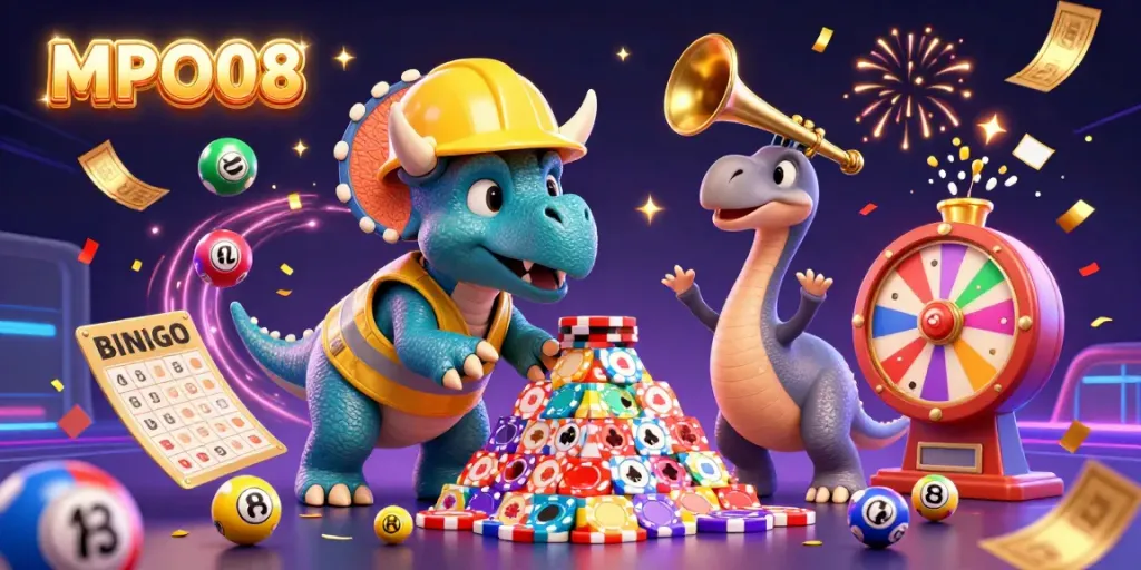 Engage with MPO08 gambling strategies in this vibrant celebration scene showcasing animated casino elements.