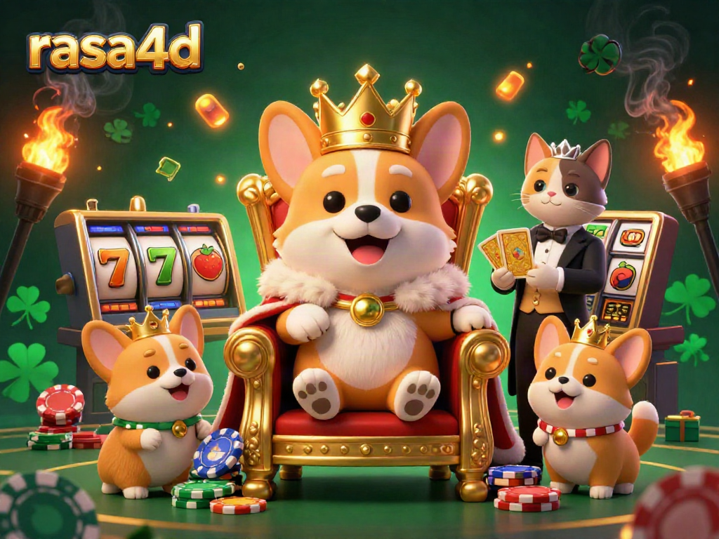 Menggertak gulungan slot di rasa4d dengan Corgi kerajaan dan para pelayan kucing, dikelilingi oleh berbagai elemen permainan.