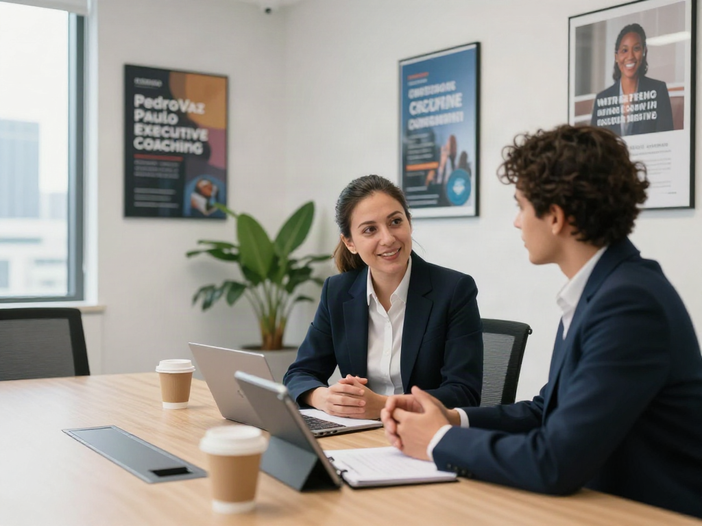 Engaging session showcasing PedroVazPaulo Executive Coaching with a coach and CEO discussing strategies in a modern office.