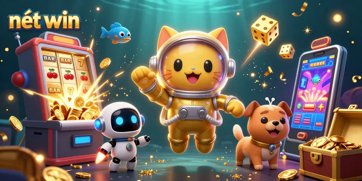 Engage with exciting moments at nét win, where a golden slot machine bursts with coins and game symbols.